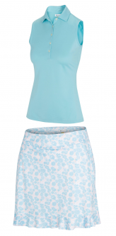 Greg Norman Ladies & Plus Size Golf Outfits (Shirt & Skort) - THE RIVIERA (Oasis Blue)