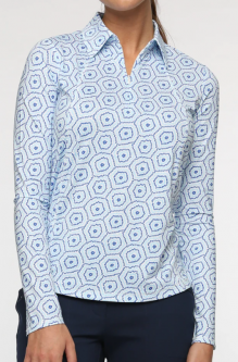 Belyn Key Ladies Glaccier Long Sleeve Print Golf Polo Shirts - ENDLESS SUMMER (Burst Print)