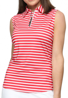 Belyn Key Ladies Keystone Sleeveless Zip Golf Polo Shirts - FRENCH CONNECTION (Scarlet Stripe)