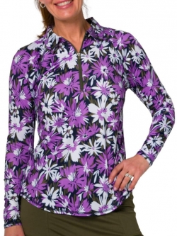 JoFit Ladies & Plus Size Long Sleeve UV Golf Polo Shirts - Purple Rain (Brushstroke Floral)