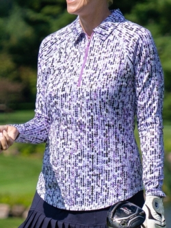 JoFit Ladies & Plus Size Long Sleeve UV Golf Polo Shirts - Purple Rain (Jewel Print)