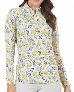 Ibkul Ladies & Plus Size Terra Print Long Sleeve Mock Neck Golf Sun Shirts - Yellow/Charcoal