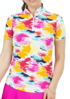 Ibkul Ladies Matilda Print Short Sleeve Mock Neck Golf Shirts - Hot Pink Multi