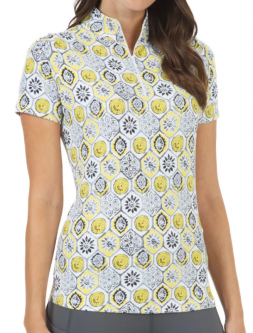 SPECIAL Ibkul Ladies Terra Print Short Sleeve Mock Neck Golf Shirts - Yellow/Charcoal
