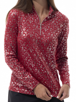 SanSoleil Ladies SolShine Foil Print Long Sleeve Mock Golf Shirts - GOLFER'S HOLIDAY (Ruby/Silver)