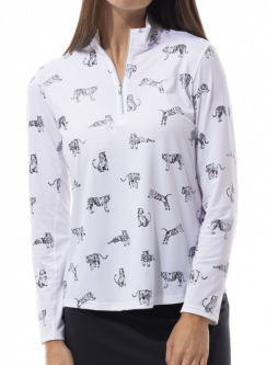 SanSoleil Ladies SolShine Foil Print Long Sleeve Mock Golf Shirts - Tiger White/Black