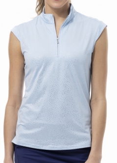 SPECIAL SanSoleil Ladies SolShine Foil Print S/L Zip Mock Golf Shirts - Confetti Arctic Blue/Silver