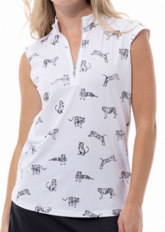 SanSoleil Ladies SolShine Foil Print Sleeveless Zip Mock Golf Shirts - Tiger White/Black