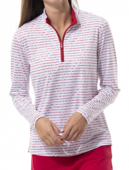 SanSoleil Ladies SolShine Long Sleeve Print Zip Mock Golf Shirts - Morse Code White/Ruby