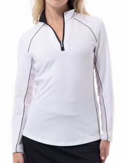 SanSoleil Ladies SunGlow Long Sleeve Zip Mock Golf Sun Shirts - White/Black