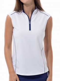 SanSoleil Ladies SunGlow Sleeveless Zip Mock Golf Shirts - White/Navy