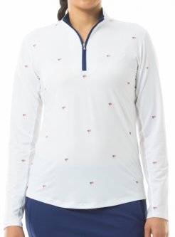 SanSoleil Ladies & Plus Size SolCool Print Long Sleeve Zip Mock Golf Sun Shirts - Flag Day White