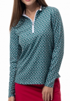 SanSoleil Ladies SolCool Print Long Sleeve Zip Mock Golf Shirts - GOLFER'S HOLIDAY (Cheers Green)