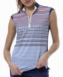 SPECIAL SanSoleil Ladies SolCool Sleeveless Print Zip Mock Golf Shirts - Draper Cornflower