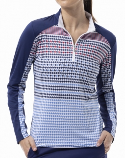 SPECIAL SanSoleil Ladies SolCool Print Trim Long Sleeve Zip Mock Golf Shirts - Draper Cornflower