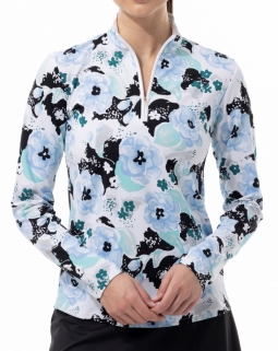 SanSoleil Ladies SolTek LUX Long Sleeve Print Zip Mock Golf Shirts - Camellia Blue