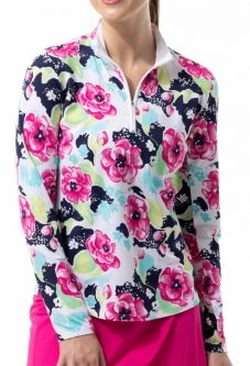 SanSoleil Ladies SolTek LUX Long Sleeve Print Zip Mock Golf Sun Shirts - Camellia Pink