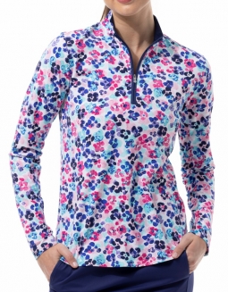 SanSoleil Ladies SolTek LUX Long Sleeve Print Zip Mock Golf Sun Shirts - Jungle