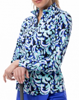 SanSoleil Ladies SolTek LUX Long Sleeve Print Zip Mock Golf Sun Shirts - Palazzo Cobalt