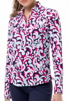 SanSoleil Ladies SolTek LUX Long Sleeve Print Zip Mock Golf Sun Shirts - Palazzo Fuchsia