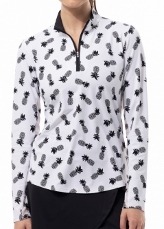 SanSoleil Ladies SolTek LUX Long Sleeve Print Zip Mock Golf Sun Shirts - Pineapple Black