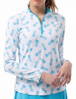 SPECIAL SanSoleil Ladies SolTek LUX Long Sleeve Print Zip Mock Golf Sun Shirts - Pineapple Caribbean