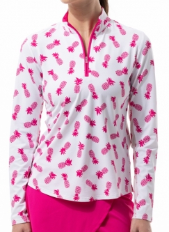 SanSoleil Ladies SolTek LUX Long Sleeve Print Zip Mock Golf Shirts - Pineapple Fuchsia
