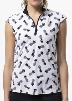 SanSoleil Ladies SolTek LUX Sleeveless Print Zip Mock Golf Shirts - Pineapple Black