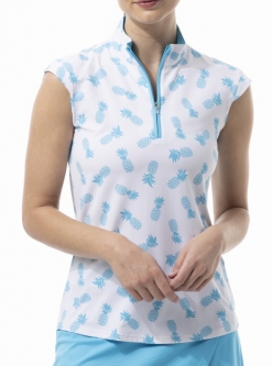 SPECIAL SanSoleil Ladies SolTek LUX Sleeveless Print Zip Mock Golf Shirts - Pineapple Caribbean