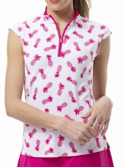 SPECIAL SanSoleil Ladies SolTek LUX Sleeveless Print Zip Mock Golf Shirts - Pineapple Fuchsia