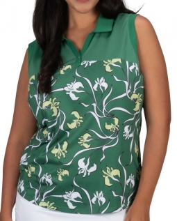 Nancy Lopez Ladies & Plus Size Shilo Sleeveless Print Golf Polo Shirts - ART DECO (Pine Multi)