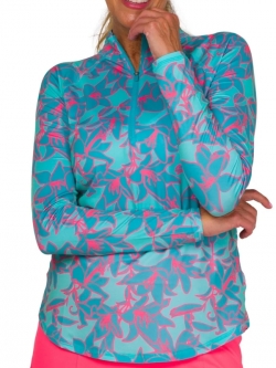 JoFit Ladies & Plus Size Long Sleeve UV Mock Golf Shirts - Calypso (Bold Lily)