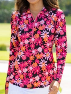 JoFit Ladies Long Sleeve UV Golf Polo Shirts - Watermelon Wine (Multi Floral Print)