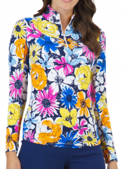 Ibkul Ladies & Plus Size Medeline Print Long Sleeve Mock Neck Golf SunShirts - Orange Multi