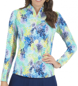 Ibkul Ladies Lessie Print Long Sleeve Mock Neck Golf Sun Shirts - Jade Multi