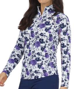 SPECIAL Ibkul Ladies Xenia Print Long Sleeve Mock Neck Golf Sun Shirts - Navy/Plum