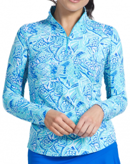 Ibkul Ladies Krista Print Long Sleeve Mock Neck Golf Sun Shirts - Blue/Turquoise