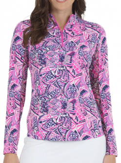Ibkul Ladies Krista Print Long Sleeve Mock Neck Golf Sun Shirts - Hot Pink/Candy Pink