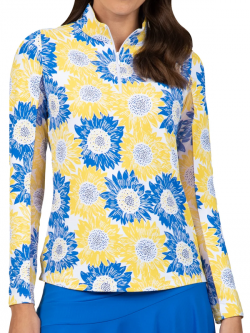 Ibkul Ladies Ruthie Print Long Sleeve Mock Neck Golf SunShirts - Blue/Yellow