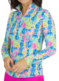 Ibkul Ladies Lilli Print Long Sleeve Mock Neck Golf SunShirts - Hot Pink Multi