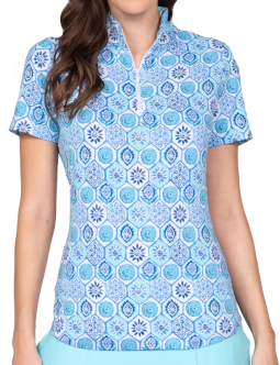 Ibkul Ladies Terra Print Short Sleeve Mock Neck Golf Shirts - Seafoam/Blue