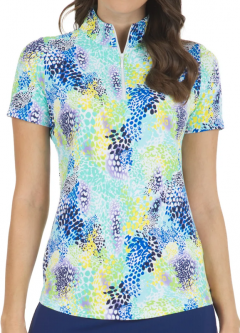 Ibkul Ladies Lessie Print Short Sleeve Mock Neck Golf Shirts - Jade Multi
