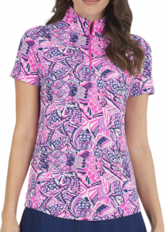 Ibkul Ladies Krista Print Short Sleeve Mock Neck Golf Shirts - Hot Pink/Candy Pink