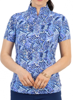 SPECIAL Ibkul Ladies Krista Print Short Sleeve Mock Neck Golf Shirts - Plum/Lavender