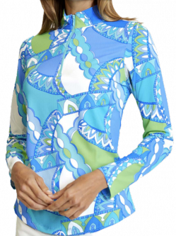 Gottex (G Lifestyle) Ladies Monte Carlo Long Sleeve Zip Mock Golf Sun Shirts – Aqua Periwinkle