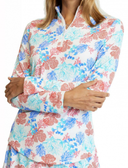 SALE Gottex (G Lifestyle) Ladies & Plus Size CORAL REEF Print L/S Golf Sun Shirts - White Multi