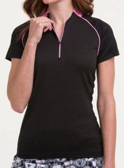 EP New York (EPNY) Ladies & Plus Size Cap Sleeve Zip Golf Shirts - ON THE DOT (Black Multi)