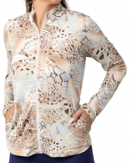 Sofibella Ladies & Plus Size Long Sleeve Print Full Zip Golf Jackets - UV FEATHER (Gold Animal)
