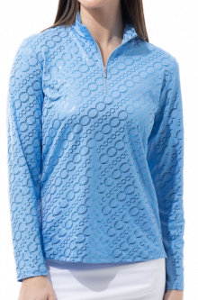 SanSoleil Ladies & Plus Size SolShine Foil Print Long Sleeve Mock Golf Sun Shirts - Halo Blue/Blue