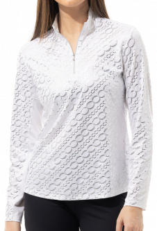 SanSoleil Ladies & Plus Size SolShine Foil Print L/S Mock Golf Sun Shirts - Halo White/Silver